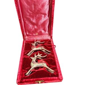 Vintage Two Heavy Metal Reindeer Ornaments In Original Red Velvet Case